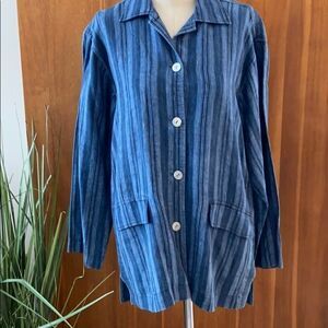 Nieman Marcus Large Linen Button Down Striped Jacket‎ Lagenlook Shacket Blue